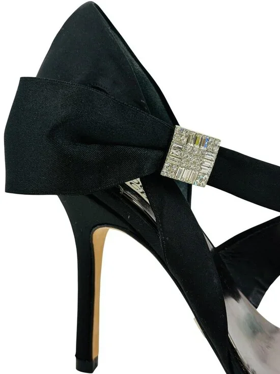 Badgley Mischka Black Satin Rhinestone Bow Heels 6 | dOrsay Formal Evening Shoes - Picture 4 of 16
